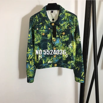 

Denim jacket women 2020 leaf print new jacket lapel fashion long sleeve coat women