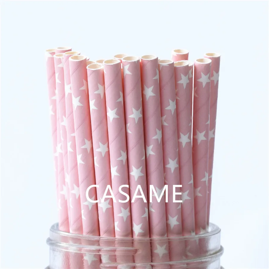 Light Pink stars 100 шт бумажная соломинка для питья полосатая соломенная детская Свадебная душевая декорация подарочные вечерние принадлежности для мероприятий - Цвет: Light Pink stars