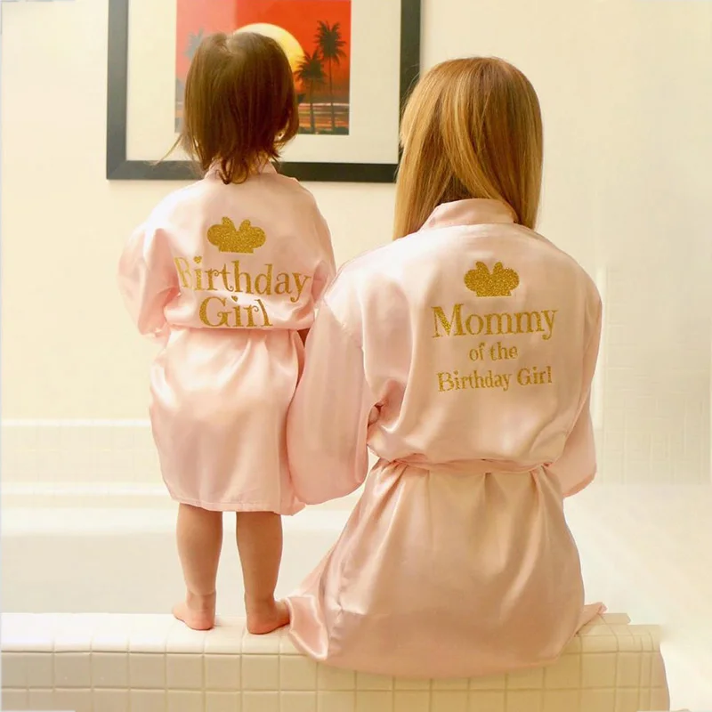 Women sleepwear, sleepwear pajamas: birthday girl & mother of birthday girl robe satin toddler baby women princess spa party favor ladies dressing gift kimono robes