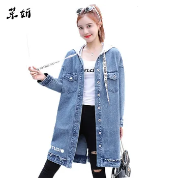

Denim Windbreaker Jacket Women Long Hooded Coat Spring 2019 New Korean Loose Letter Casual Jeans Jacket Single-breasted f228