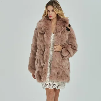 

Elegant Luxury High Quality Womens Real Fox Fur Overcoats Winter New Warm Stand Collar Medium Length Female Night Party Coats