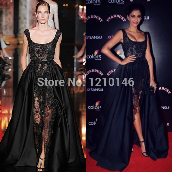 Elie Saab новейший совок атлас с кружевом с бусинами со шлейфом прозрачные черные длинные вечерние платья
