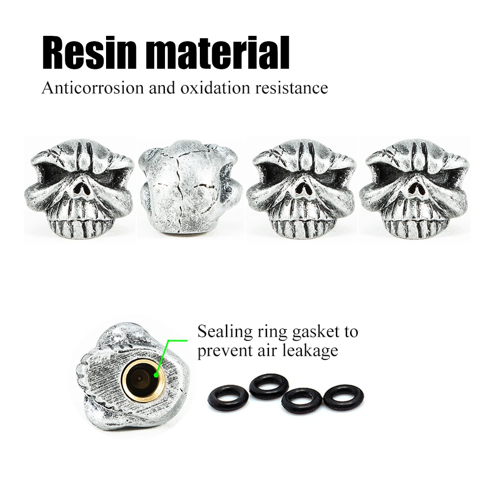 Set of 4 Skull Design Tire Valve Dust Caps for Vehicles and Bicycles