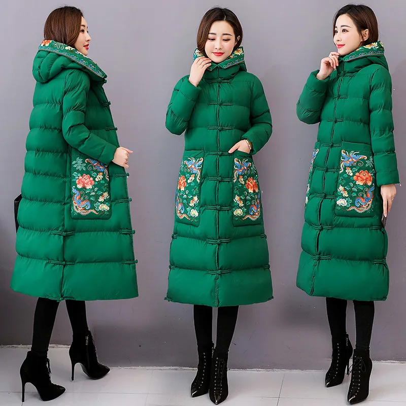 

National Wind Cotton Overcoat Women's Long 2019 Winter New Style Retro Frog down Jacket Cotton-padded Clothes Embroidered over-t