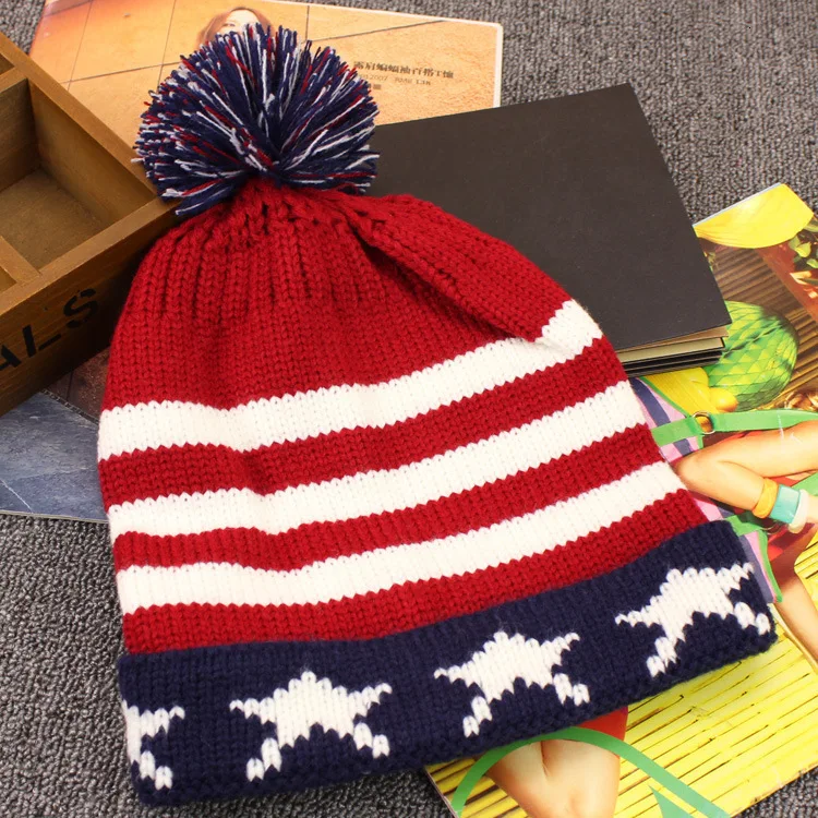 Fashion Casual USA Star And Striped Flag Beanies Women Men Autumn Winter Pom Poms Ball Knitted Cap British Flag Beanies 4