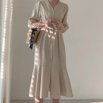 

Summer Plain Long Shirt Dress Women 2020 Korean Spring Solid Color A-Line High Waist Midi Dress Preppy Style Vestidos Khaki