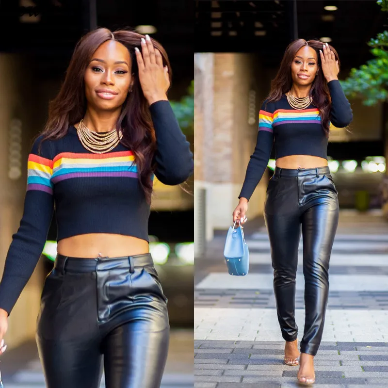 

Dower Me Fashion Casual Full Sleeve Solid Crop Tops Colour Stripes O-Neck Autumn Winter Korean Slim-fit Tight Sweater NZ254