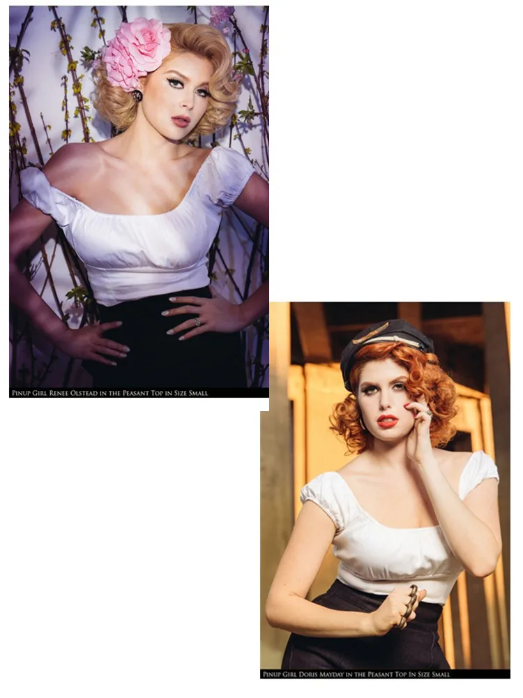 30-Женские винтажные 50s вдохновленные pinup кутюр крестьянский укороченный Топ Плюс Размер укороченные топы рокабилли Ретро футболка рубашки в белом