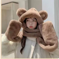 Hat Scarf Winter Female High-value Bear Scarf Gloves All-in-one Three-piece Cold Warm Hat Cute Scarf