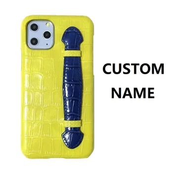 

Solque CUSTOM NAME Initials Genuiune Leather Strap Holder Case For iPhone 11 Pro Max Cover Luxury Cute Croco Phone Accessories