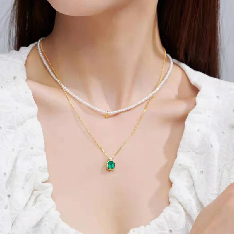 OEVAS 18K Gold Plated 100% 925 Sterling Silver Real 1.3 Carats Lab Grown Emerald Perfume Bottle Pendant Necklace Fine Jewelry