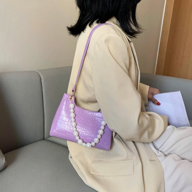 

2020 Purple Tote Handbags For Women Vintage Beading Handbag Mini Retro Leather Shoulder Bag Woman Bag Stone Pattern Female Bag