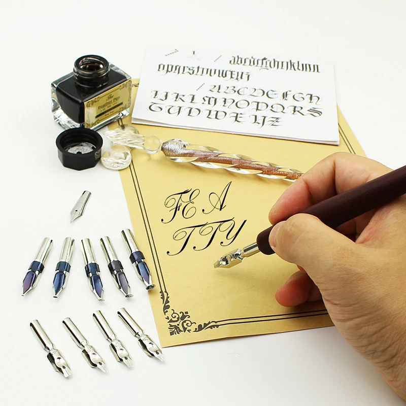 (As Seen on Image) Glass Calligraphy10 Nibs Wooden Dip Pen Set for Cartoon, Lettering, Art Drawing