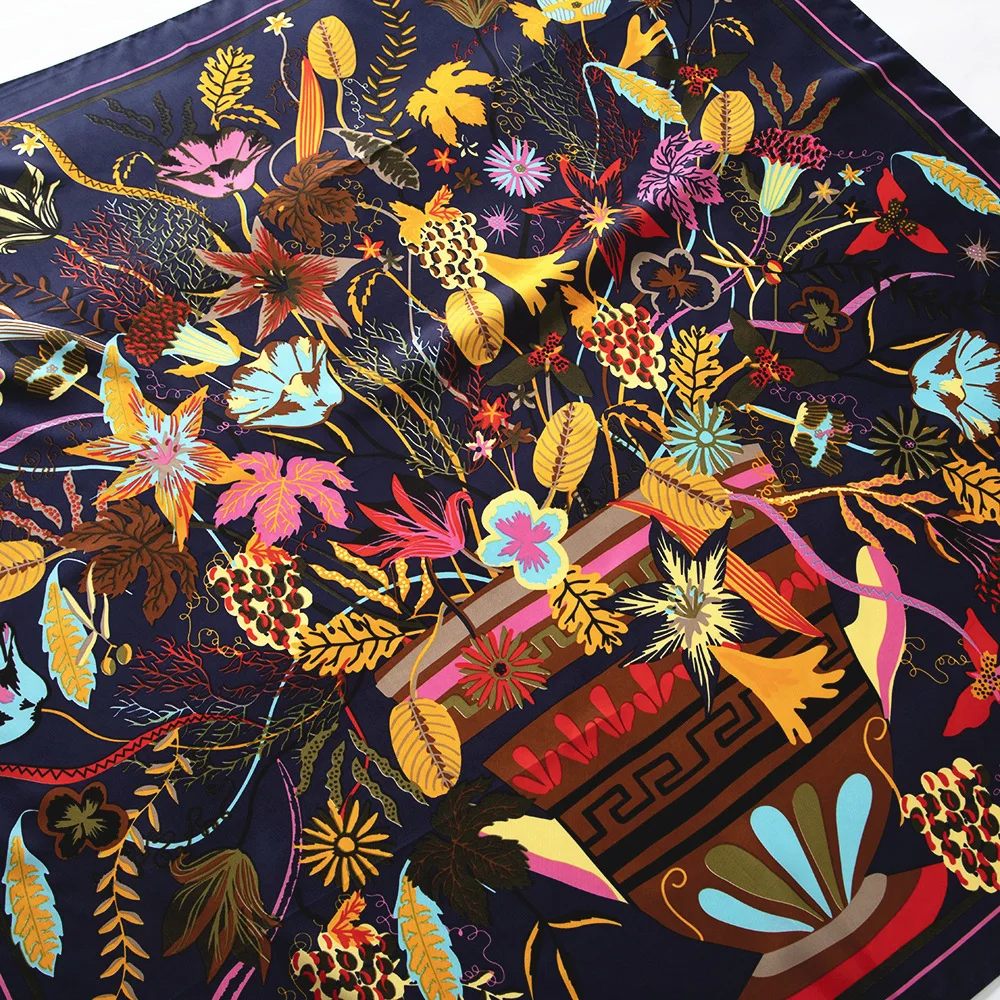 Twill Silk Women Scarf 130*130 cm Pink Flower Print Square Scarves Gift Fashion Shawls Echarpes Foulards Femme Wrap Bandanas