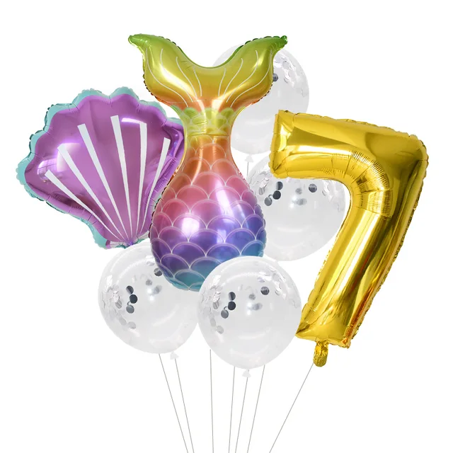 Little Mermaid Party Balloons 32inch Number Foil Balloon Kids Birthday Party Decoration Supplies Baby Shower Decor Helium Globos 7pcs number7 set