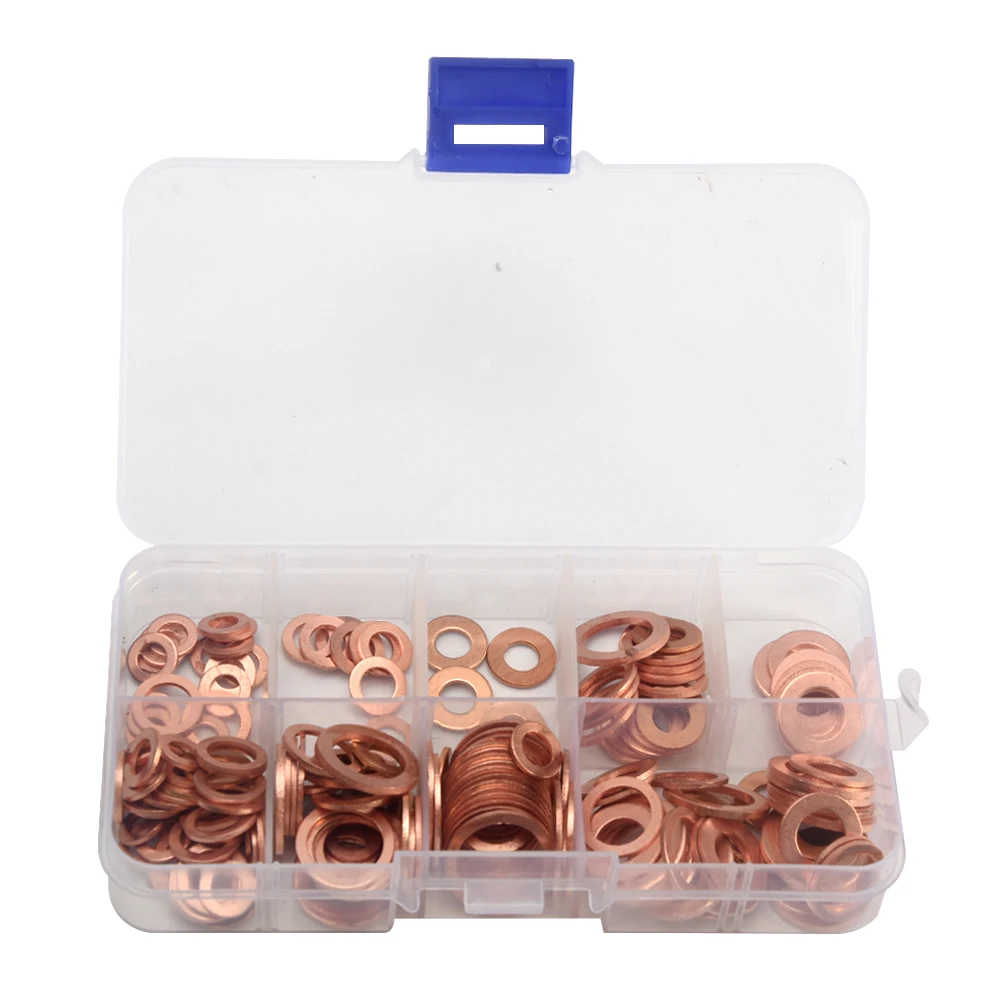 

Copper Washer Gasket Nut and Bolt Set Flat Ring Seal Assortment Kit with box M5-M14 Electrical Woodworking Washers
