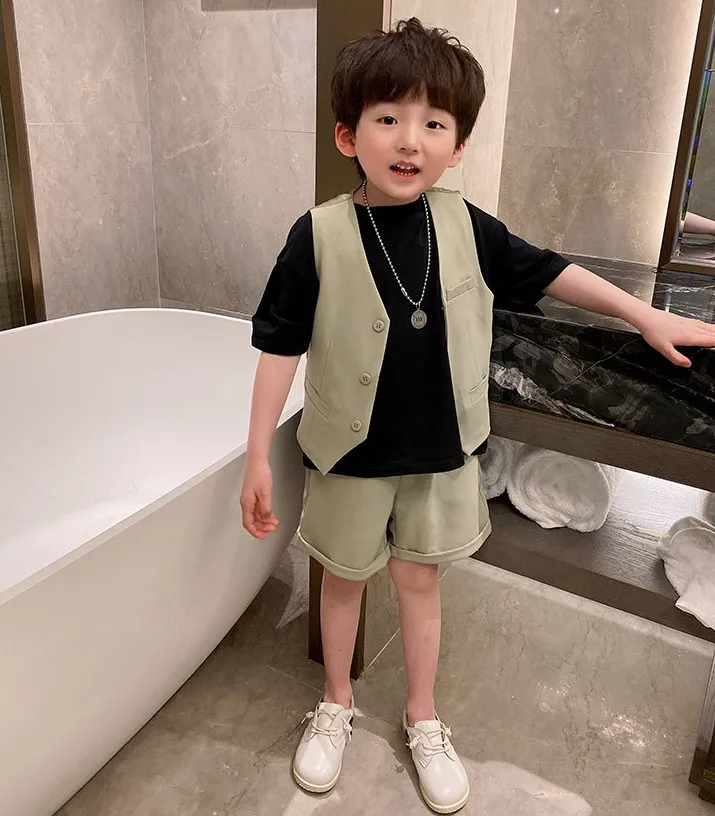 

Gentleman Boys Summer T Shirt +Vest+Shorts 3PCS Clothing Set Kindergarten Kids Dress Children Photograph Suit Chorus Costume