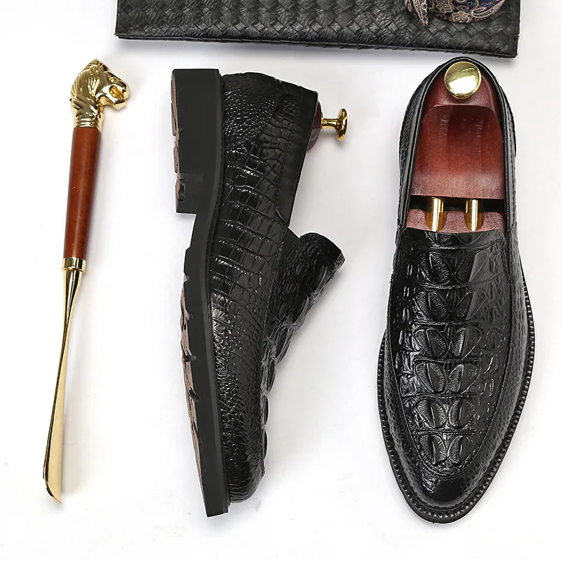 

MEN'S Dress Shoes Spring New Style British-Style Crocodile Pattern Full-grain Leather Low Top Foot Covering MEN'S SHOES