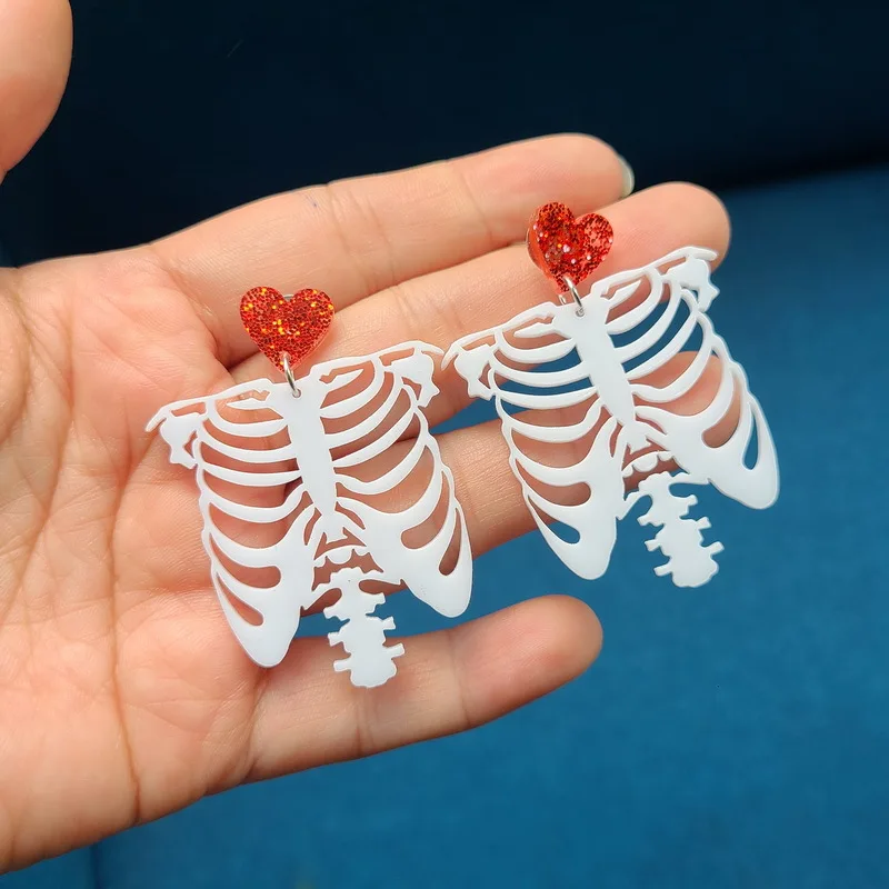 Exaggerated Shiny Red Peah Heart Acrylic Earrings for Women Hollow Out White Skull Dangle Night Club Party Jewelry | Украшения и