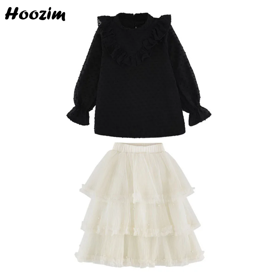 

Spring Suit For Girls 4-12 Age Chic Flare See Through Sleeve Top+Chiffon Pearl Layered Skirt Set Childen Cute Girls Clothing Set