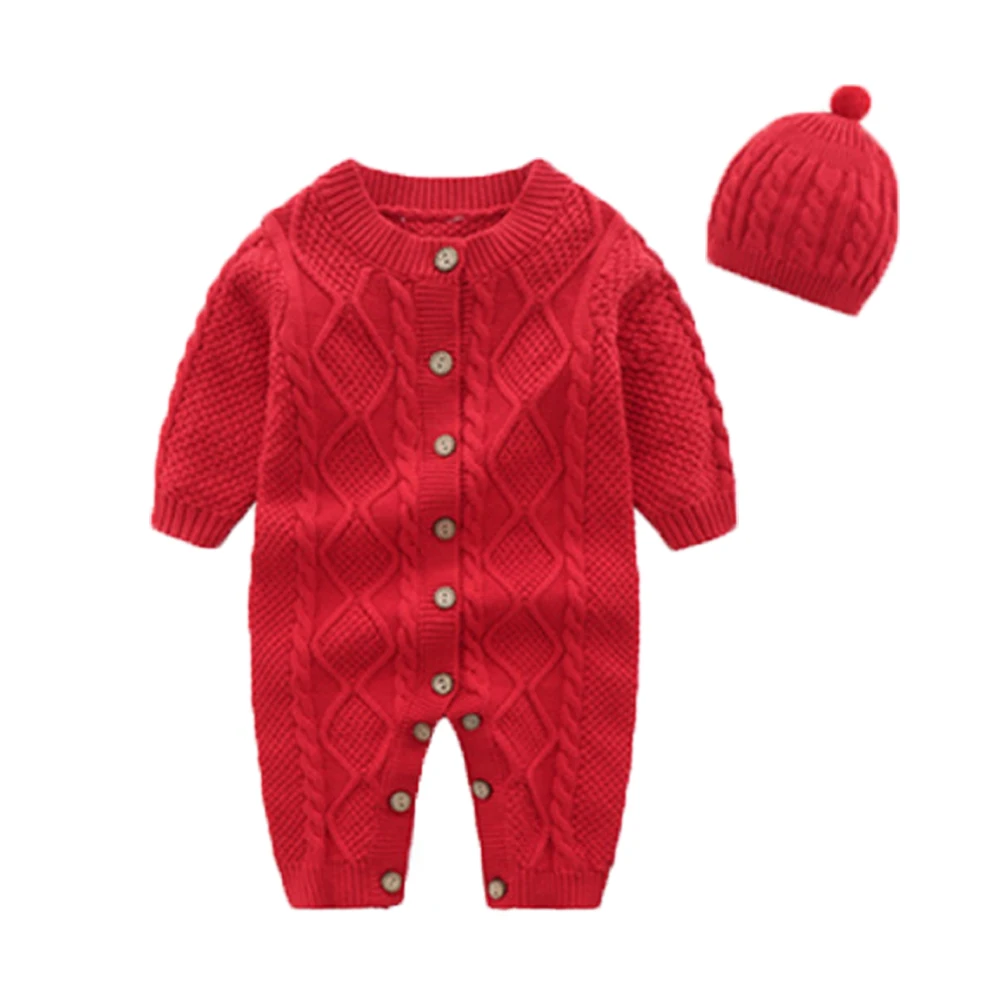 Newborn Baby Girl Boy Sets Knitted Button Romper Jumpsuit Hat 2Pcs Autumn Winter Warm Clothes Baby Solid Outfits 0-18M