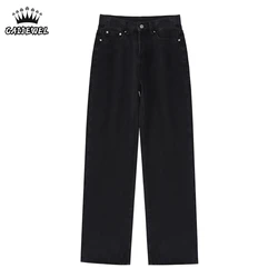 Calças de brim femininas pretas cintura alta em linha reta baggy moda streetwear vintage casual feminino clássico perna larga mãe denim