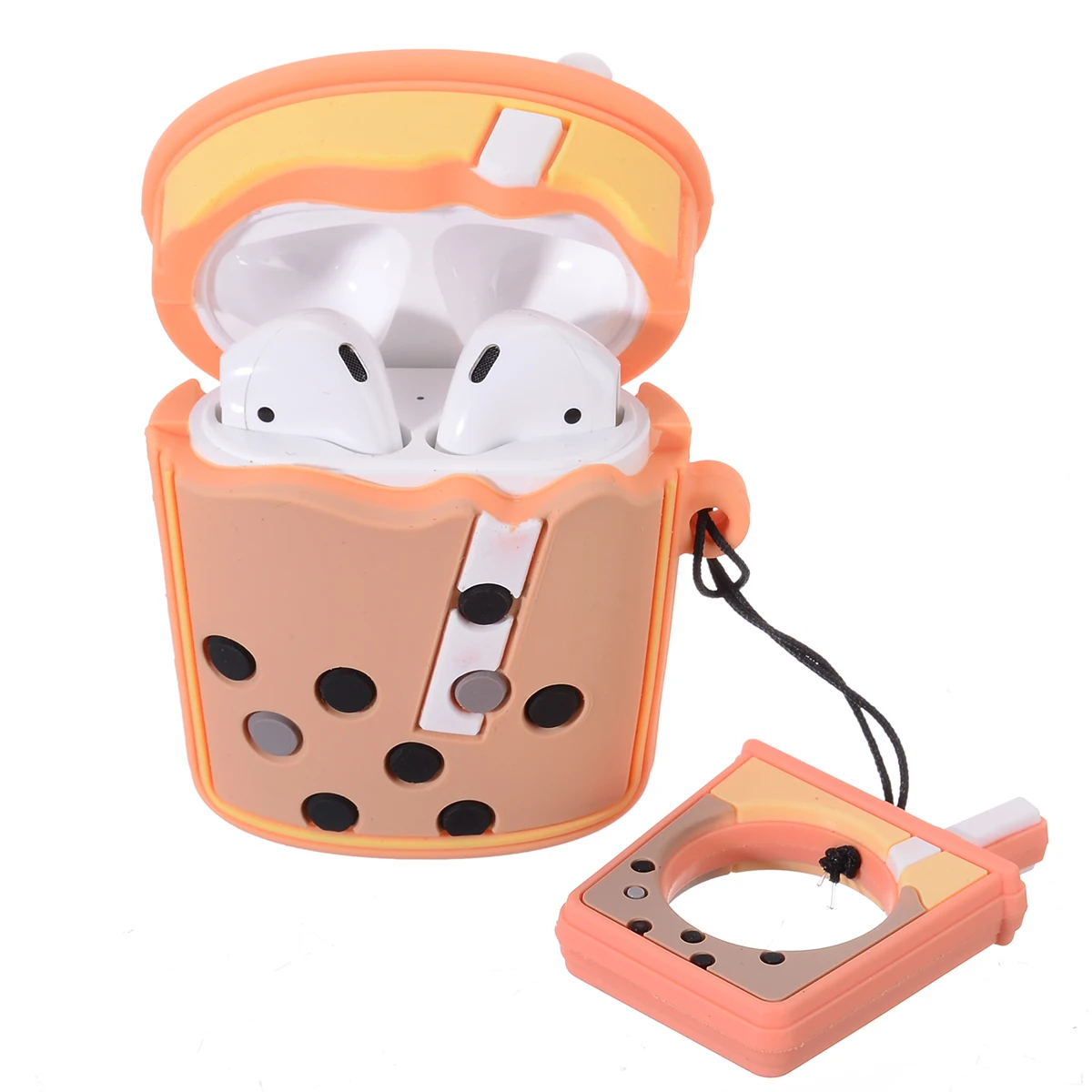 

Fashion Full Protect Cover Cute Boba Milk Tea Protective Silicone Earphone Case Cover For Airpods with Finger Ring Strap