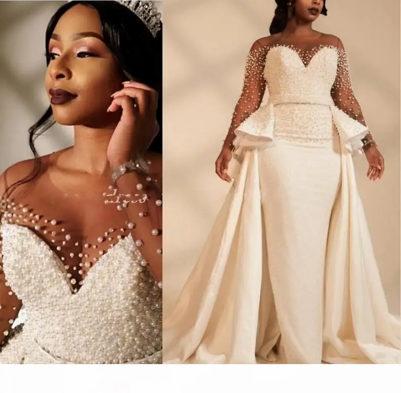 

African Mermaid Plus Size Wedding Dresses Overskirts Sheer Neck Long Sleeve Pearls Neaded Garden Country Bridal Gowns