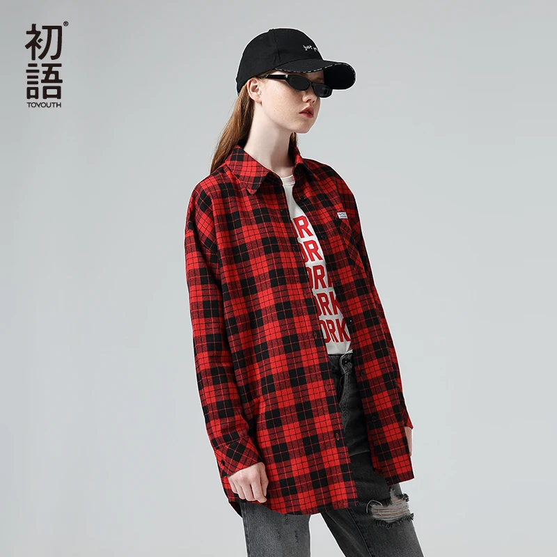  Toyouth Fashion Women Plaid Long Sleeve Blouses and Shirts Casual Turn Down Collar Hit Color Shirts