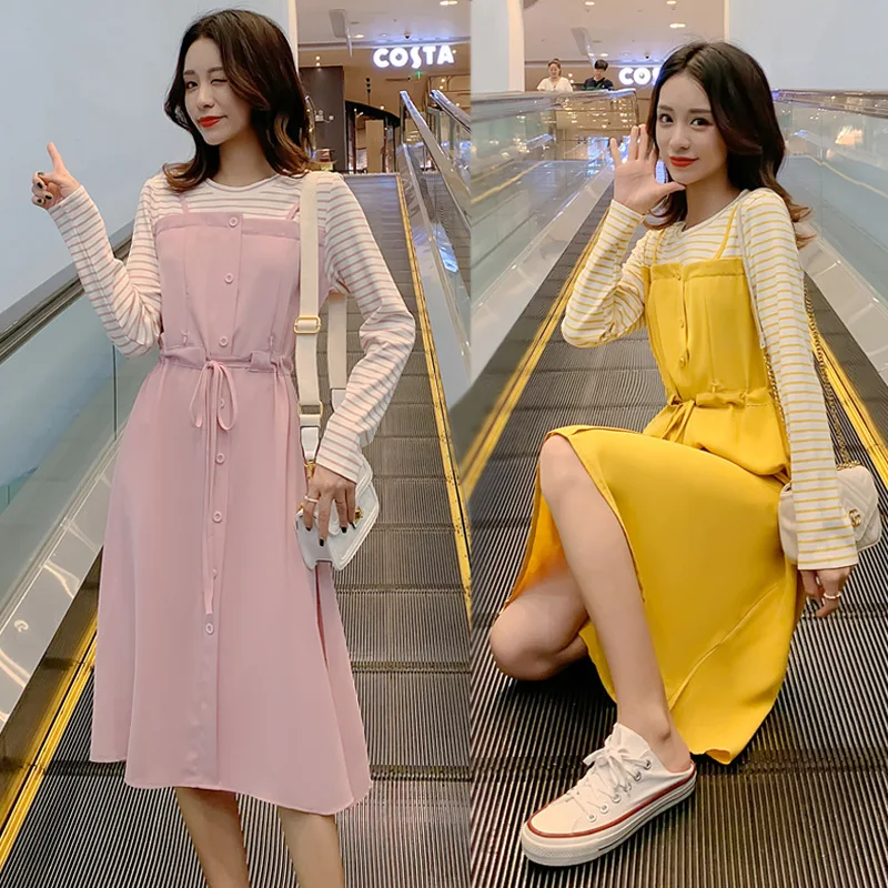 

Lactation Garment Nursing Spring And Autumn Freaky-Fake Two-Piece Joint Stripes Waist Hugging Sweet Dress Postpartum Breastfeedi