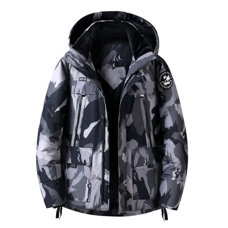 Мужской пуховик, зимний пуховик, гусиная парка с капюшоном, камуфляжный принт, плотное теплое пальто, куртки