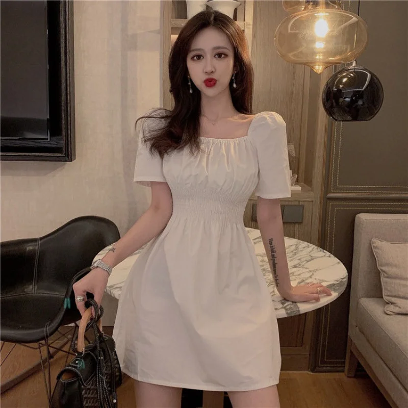 

New Summer Dress Fashion Square Collar Puff Sleeve Slim Tight Waist Above Knee Elegant Dress Sexy Slash Neck Solid White Dresses