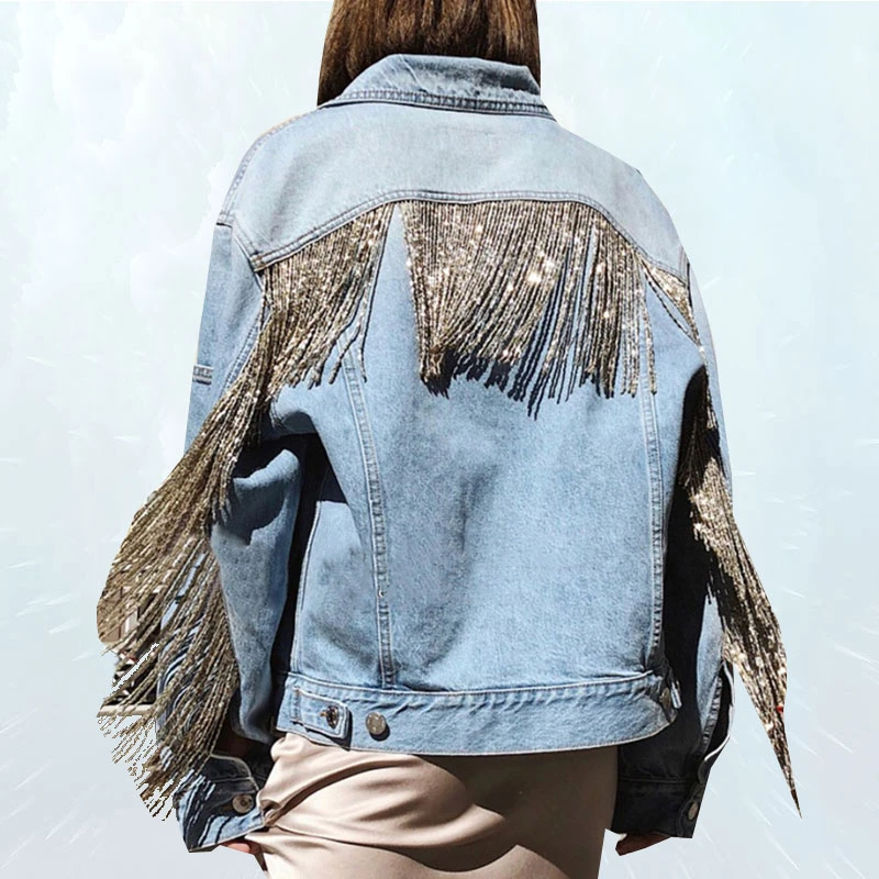 

New Denim Jacket Tassels Sequins Women Overcoat Jeans Korean Loose Jeans Jacket Shimmer Beading Coat Casual Girls Veste Femme 40