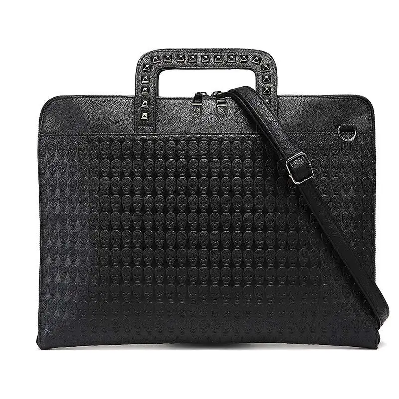 Дизайнерский портфель с черепом и заклепками, мужские брендовые сумки из искусственной кожи, Женская однотонная черная сумка на плечо