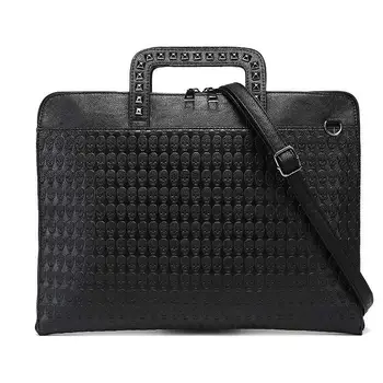 

Designer skull Rivet Briefcase Men Brand PU Leather handbags Women Solid Black shoulder bag male Large Casual Tote 2019