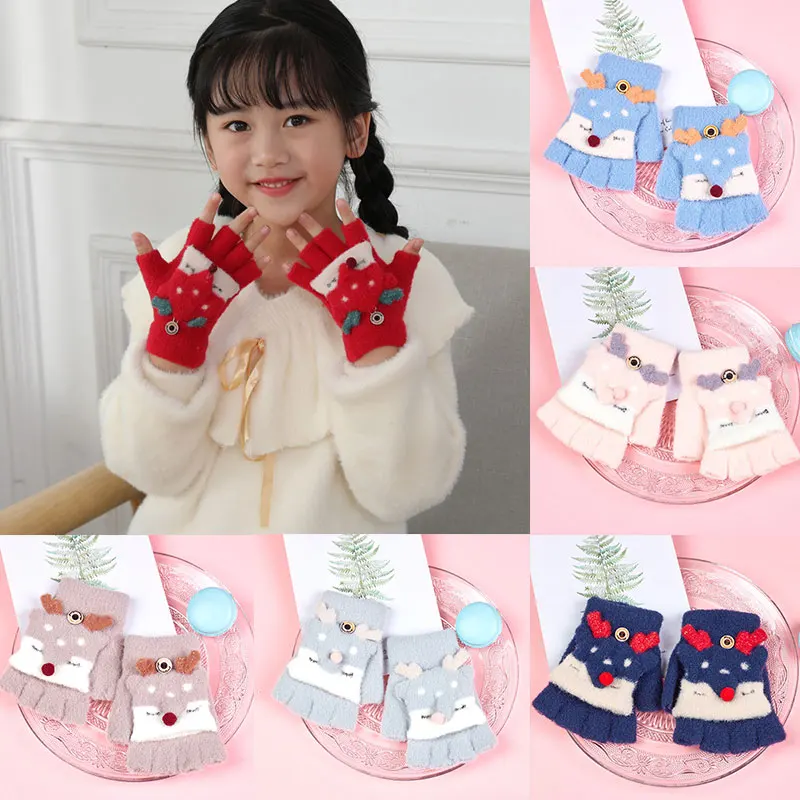 

For 4-9 Years Old Children Half Finger Flip Gloves Cartoon Fox Mittens Soft Warm Kids Knitted Gloves Keep Warm