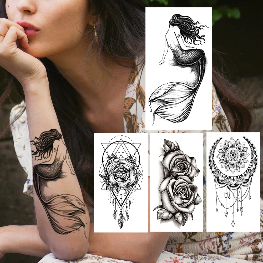 Black Mermaid Temporary Tattoo For Women Men Geometric Rose Flower Tattoos Sticker Moon Mehndi Henna Pendants Tatoos Body Hands | Красота и