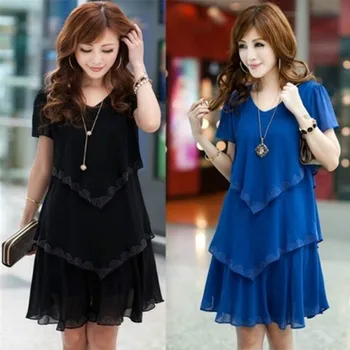 

2020 New Summer Dress Women's O Neck 3 Layers Ruffle Slim Chiffon Dress Fashion Plus Size Sequin Sundress Cake Vestidos S-5XL
