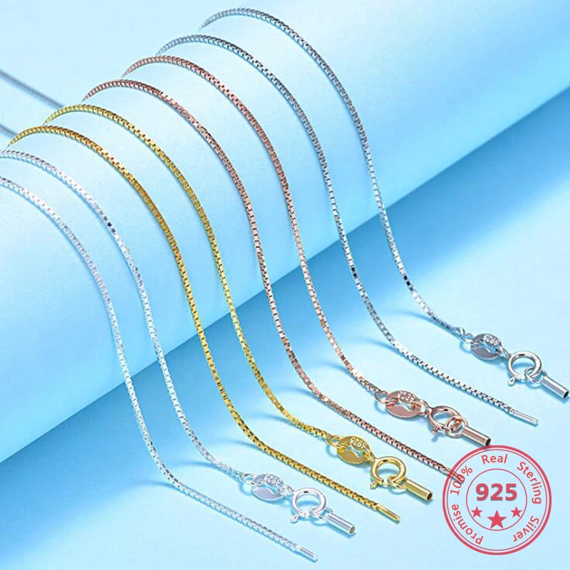 

925 Sterling Silver Necklace 0.65/0.8mm 45cm Box Chain Female Clavicle Chain Four Colors To Choose From Accessories For Jewelry