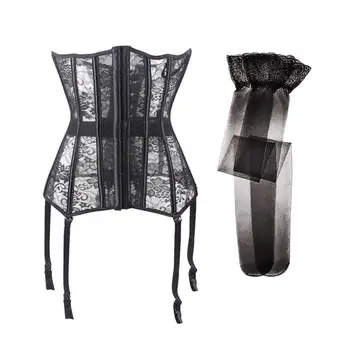 

Sexy Corset Lace up Bustier Black Lace corselet steampunk Corset corsets and bustiers plus size corset and Stocking 2 pcs/Lot