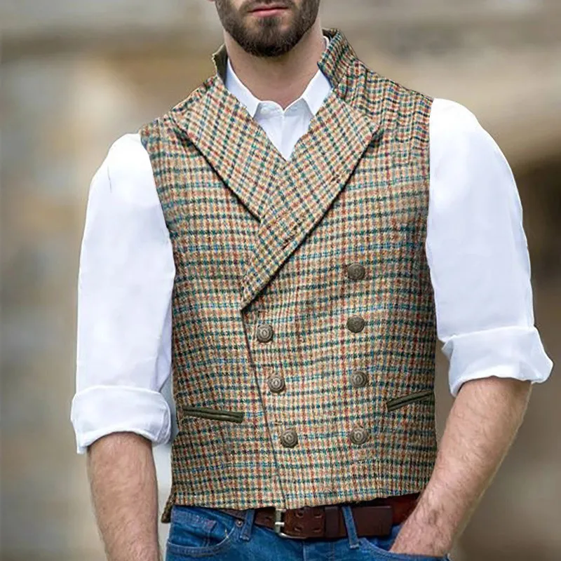 

Fashion Men Vests Jackets 2021 Autumn Plaid Double Breasted Suit Collar Slim Vest Mens Jacket Mens Clothing Coat Men
