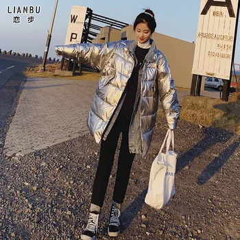 

Denim stitching bright cotton padded clothes women's middle long winter new Korean loose loaf coat with