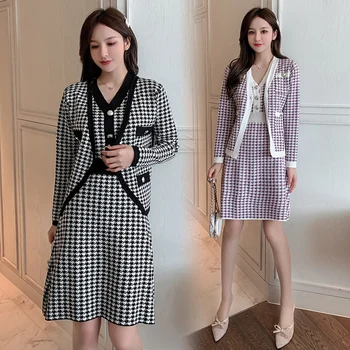 

835# 2 PCS Autumn Winter SWALLOW GIRD Maternity Nursing Clothing Suits Cardigan+ Vest Knitted Dress Sets Pregnancy Feeding Dress