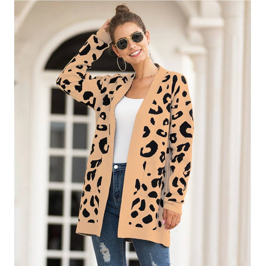 

2019 Sweater Women's Long Section Leopard Double Pocket Cardigan No mouth Autumn And Winter Models