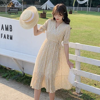 

BornSra 2020 Summer New Feature Craft Pleated Floral Hipster Midi Dress Sweet Cute Korean Japanese Chiffon Dresses
