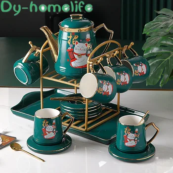

Ceramic Coffee Tea Set Nordic Drawing Gold Green Lucky Cat Elk Coffee Pot Cup Tray Cup Holder Set Home Afternoon Tea Water Set