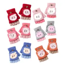 Зимние рождественские детские утепленные шерстяные теплые перчатки с мультипликационным принтом, перчатки на половину пальцев, лыжные перчатки для мальчиков