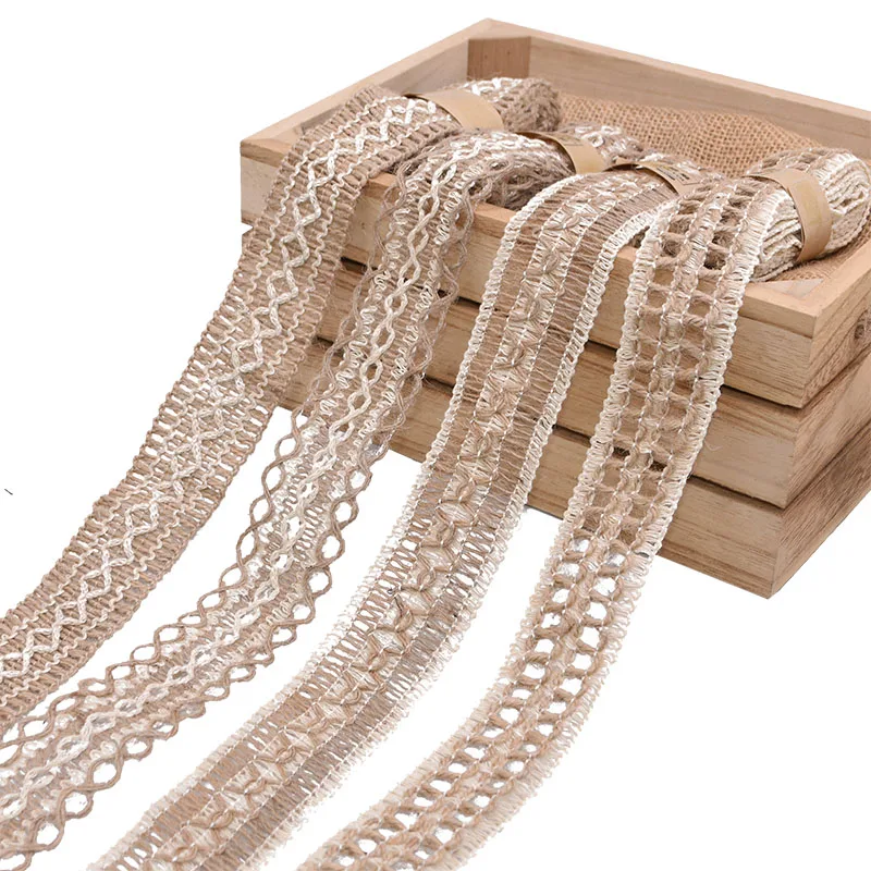 2M 3.5~5cm Width Natural Jute Burlap Roll Ribbon Vintage Hollow Weave Hemp Rope Wedding Party Gift Box Decor Supplies DIY Crafts