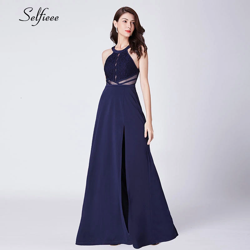 

New Fashion Navy Blue Women Dress A-Line Halter Side Split Hollow Out Lace Maxi Dress Elegant Ladies Party Dress Robe Femme 2019