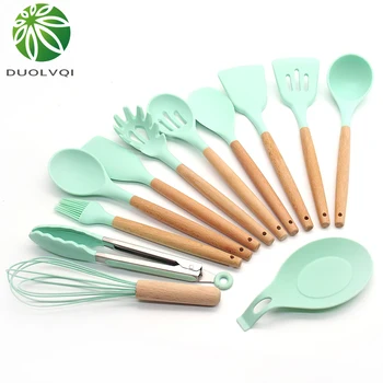 

Duolvqi Food Grade Silicone Kitchen Cooking Utensils Turner Spatula Spoon With Wooden Handle Practical Cooking Tool Kitchenware